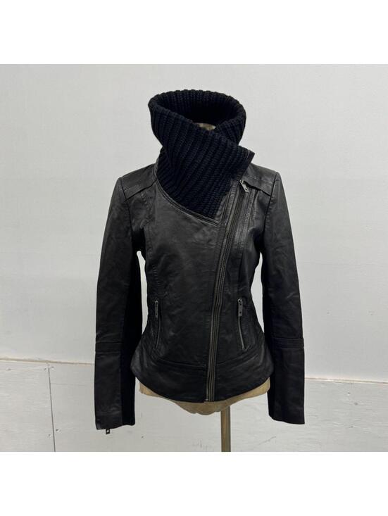 Only Jackets & Blazers - Vintage Black Funnel Neck Knit Collar Avant Garde Leather Jacket